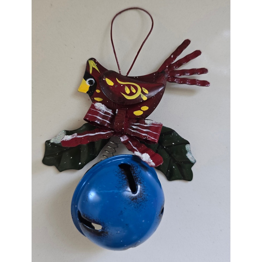 Rustic Metal Cardinal Christmas Ornament with Blue Jingle Bell and Holly‎ Leaves